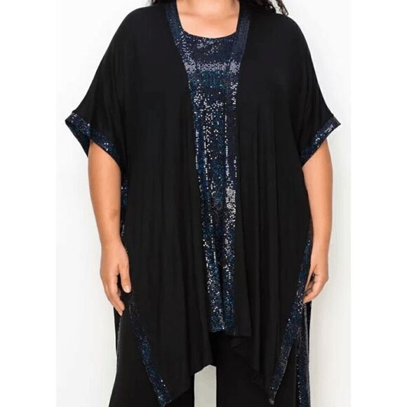 COIN 1804 Plus Size Black Sequin Contrast Kimono Top One Size - Picture 1 of 8
